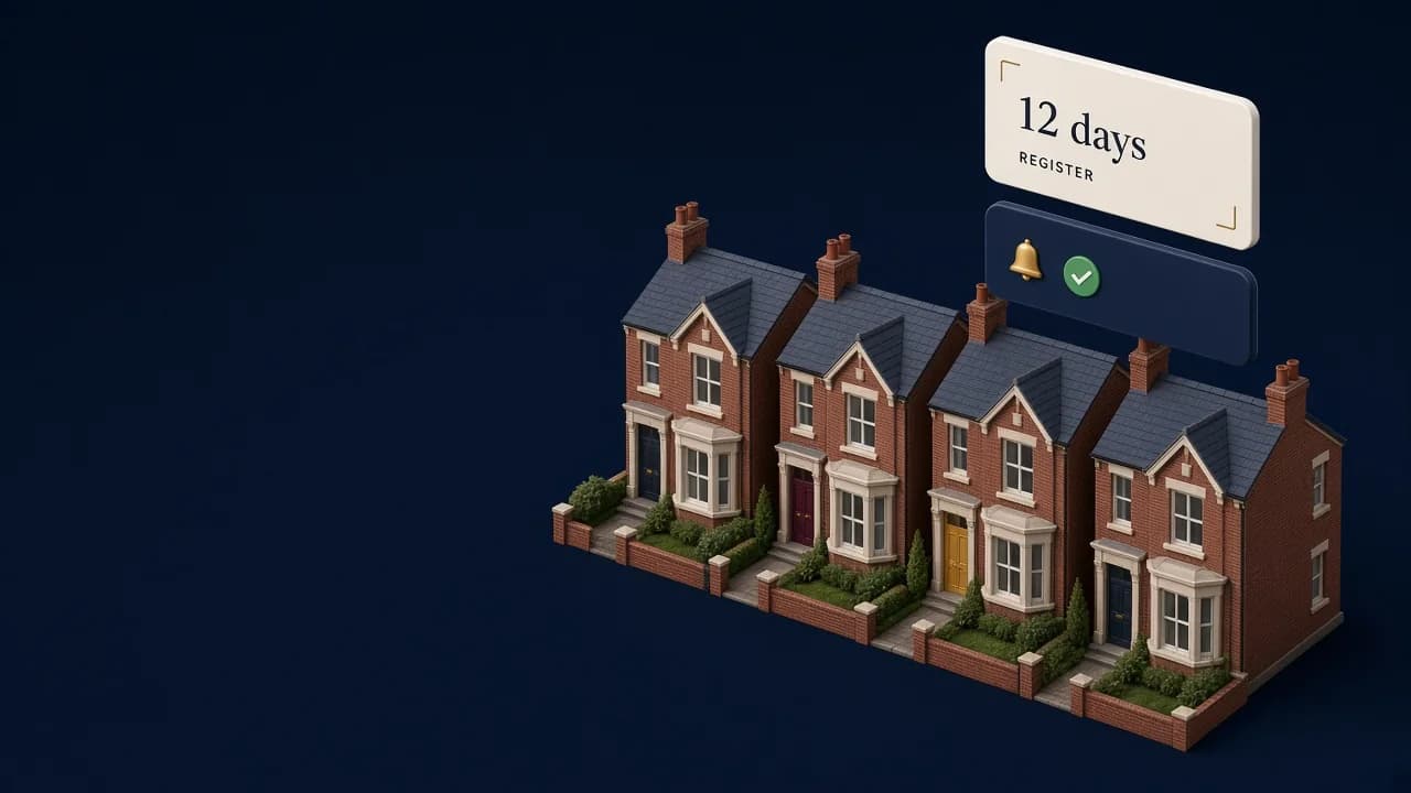 Isometric render of a British brick terrace on a deep navy ground, with a floating card that reads 12 days until a register deadline and a reminder bell.